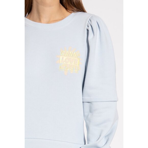 Ganni Isoli Bow Open Back Puff Sleeve Organic Cotton Sweatshirt XS Blue $215 - Picture 4 of 16